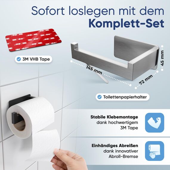 WOHNHELD® Toilettenpapierhalter ohne Bohren | Mit Abroll-Bremse | Extrem stabile Klebemontage | Edelstahl WC Klopapierhalter Silber | Links geöffnet