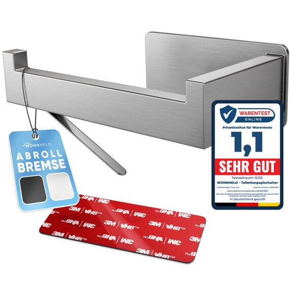 WOHNHELD® Toilettenpapierhalter ohne Bohren | Mit Abroll-Bremse | Extrem stabile Klebemontage | Edelstahl WC Klopapierhalter Silber | Links geöffnet