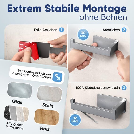 WOHNHELD® Toilettenpapierhalter ohne Bohren | Mit Abroll-Bremse | Extrem stabile Klebemontage | Edelstahl WC Klopapierhalter Silber | Links geöffnet