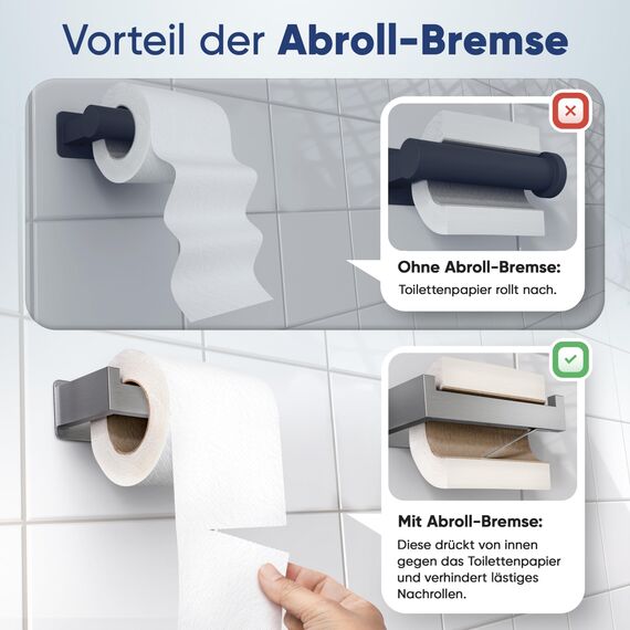 WOHNHELD® Toilettenpapierhalter ohne Bohren | Mit Abroll-Bremse | Extrem stabile Klebemontage | Edelstahl WC Klopapierhalter Silber | Rechts geöffnet