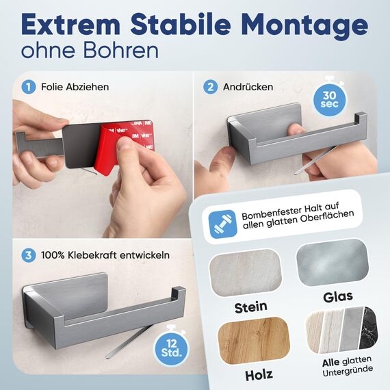 WOHNHELD® Toilettenpapierhalter ohne Bohren | Mit Abroll-Bremse | Extrem stabile Klebemontage | Edelstahl WC Klopapierhalter Silber | Rechts geöffnet