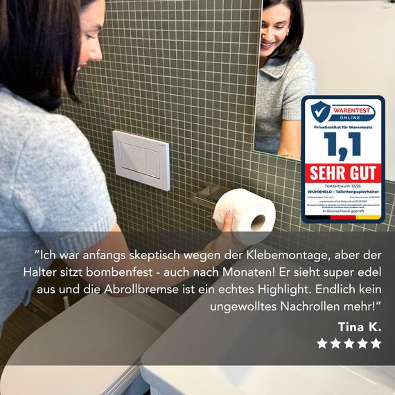 WOHNHELD® Toilettenpapierhalter ohne Bohren | Mit Abroll-Bremse | Extrem stabile Klebemontage | Edelstahl WC Klopapierhalter Silber | Links geöffnet