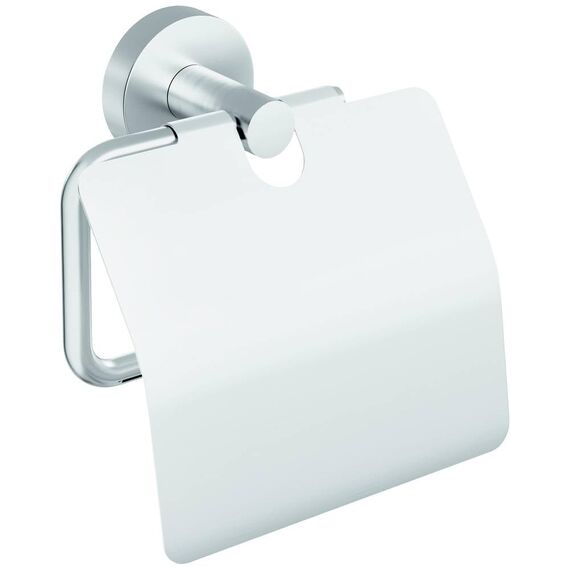 tesa Moon Toilettenpapierhalter mit Deckel, verchromt - WC-Rollenhalter zur Wandbefestigung ohne Bohren, inkl. Klebelösung - 53 mm x 140 mm x 128 mm