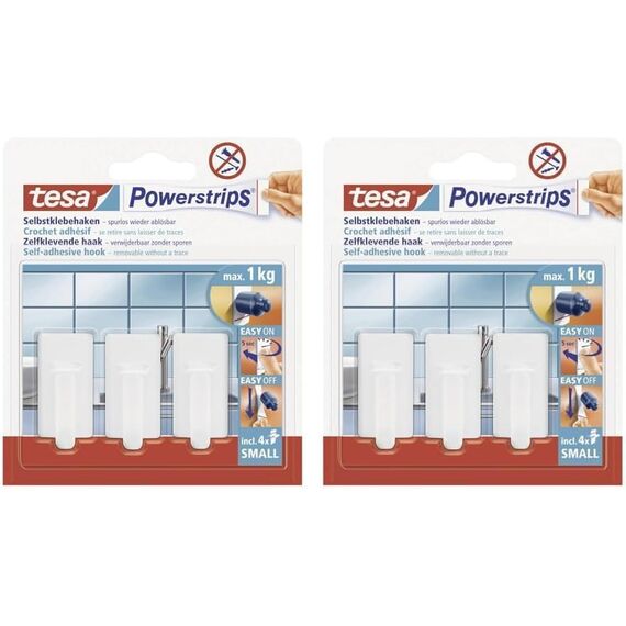 tesa Powerstrips Haken Small Classic - Selbstklebender Wandhaken für Glas, Kacheln, Holz, Kunststoff und andere Untergründe - Weiß, Klein (weiß, 6 Haken)