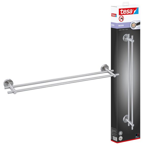 tesa Moon Doppel-Handtuchstange, verchromt - Badetuchhalter mit 2 Stangen - zur Wandbefestigung ohne Bohren, inkl. Klebelösung - 640mm x 49mm x 115mm