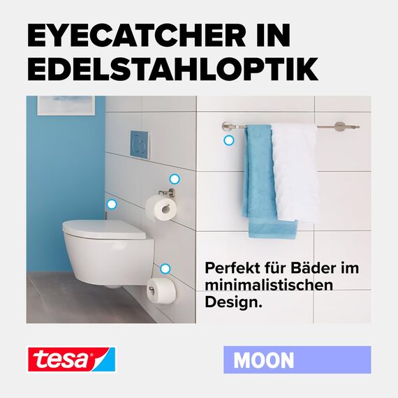 tesa Moon Doppel-Handtuchstange, verchromt - Badetuchhalter mit 2 Stangen - zur Wandbefestigung ohne Bohren, inkl. Klebelösung - 640mm x 49mm x 115mm