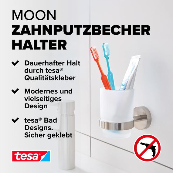 tesa Moon Zahnputzbecher mit Halterung - Becher aus satiniertem Glas, verchromte Wandhalterung - zur Wandbefestigung ohne Bohren, inkl. Klebelösung - 67mm x 95mm x 107mm