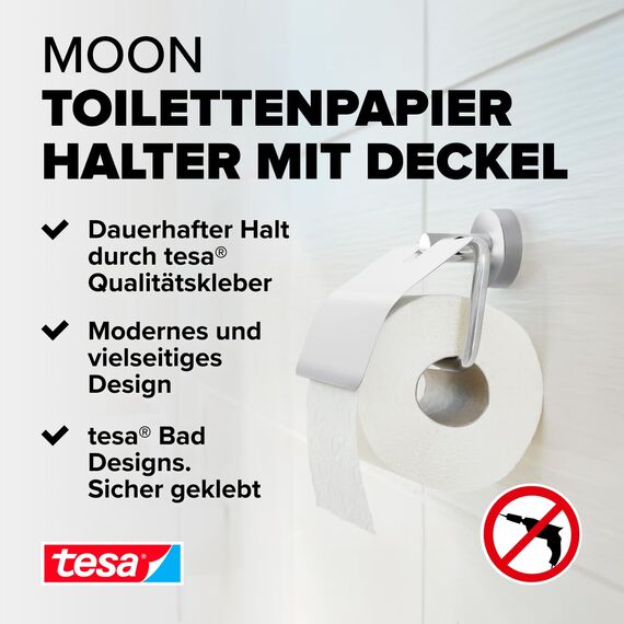 tesa Moon Toilettenpapierhalter mit Deckel, verchromt - WC-Rollenhalter zur Wandbefestigung ohne Bohren, inkl. Klebelösung - 53 mm x 140 mm x 128 mm