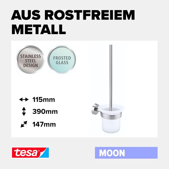 tesa Moon WC-Garnitur, satiniertes Glas und verchromter Edelstahl - Toilettenbürsten-Set zur Wandbefestigung ohne Bohren, inkl. Klebelösung - 115mm x 390mm x 147mm