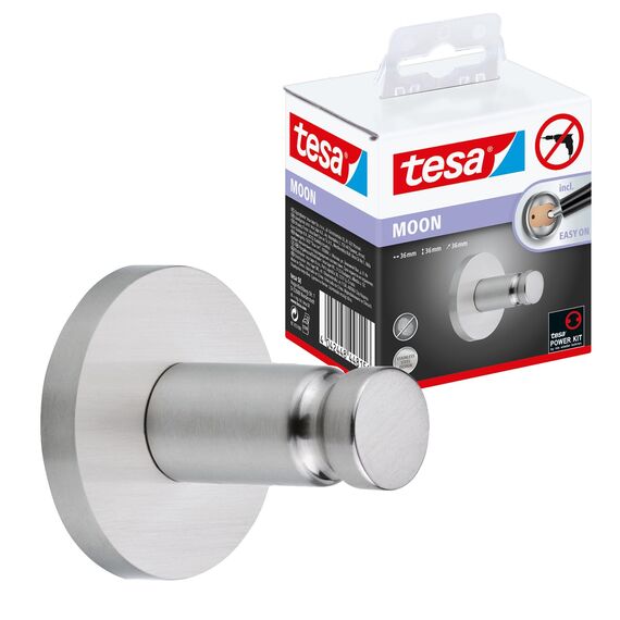 tesa MOON Klebehaken, verchromt, runde Form - Bad-Haken zur Wandbefestigung ohne Bohren, inkl. Klebelösung - 36 mm x 36 mm x 36 mm
