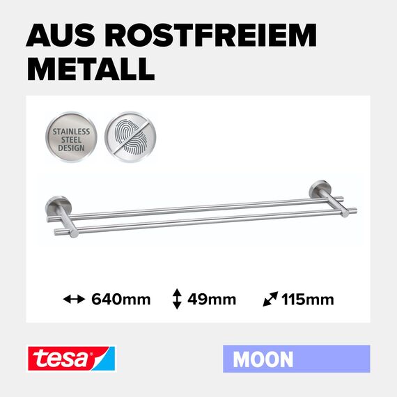 tesa Moon Doppel-Handtuchstange, verchromt - Badetuchhalter mit 2 Stangen - zur Wandbefestigung ohne Bohren, inkl. Klebelösung - 640mm x 49mm x 115mm