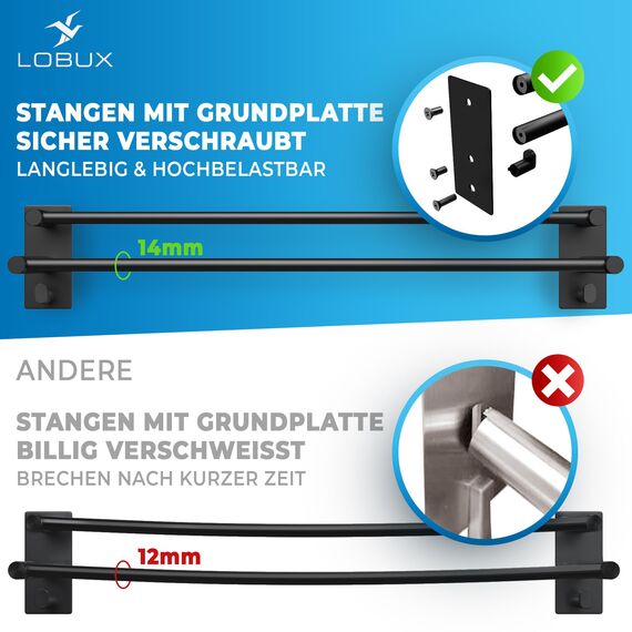 LOBUX® - Handtuchhalter ohne Bohren schwarz – 60cm, Edelstahl rostfrei – Handtuchhalter Bad doppelt, selbstklebend – Handtuchstange, Badetuchhalter mit 2 Handtuchhaken – Badezimmer, Duschwand, Küche