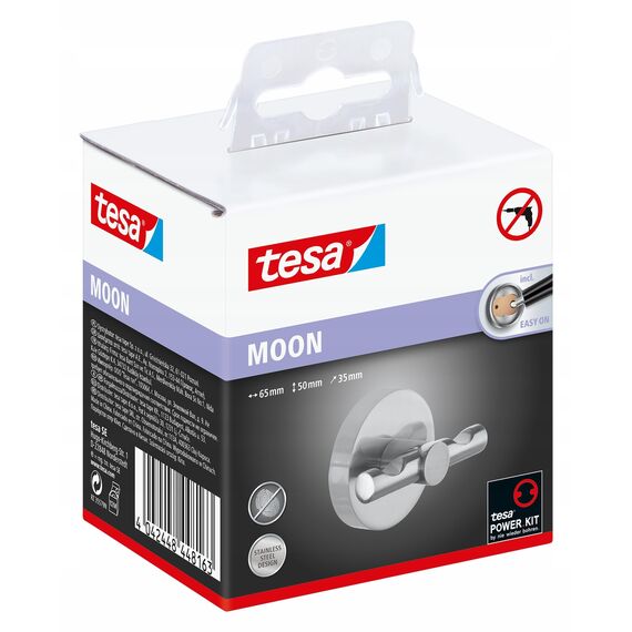 tesa MOON Handtuchhaken, verchromter Edelstahl - Bad-Haken zur Wandbefestigung ohne Bohren, inkl. Klebelösung - 60mm x 50mm x 55mm