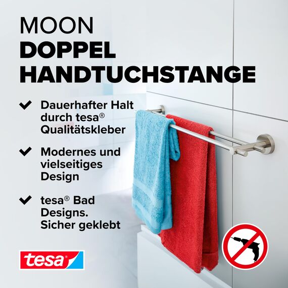 tesa Moon Doppel-Handtuchstange, verchromt - Badetuchhalter mit 2 Stangen - zur Wandbefestigung ohne Bohren, inkl. Klebelösung - 640mm x 49mm x 115mm