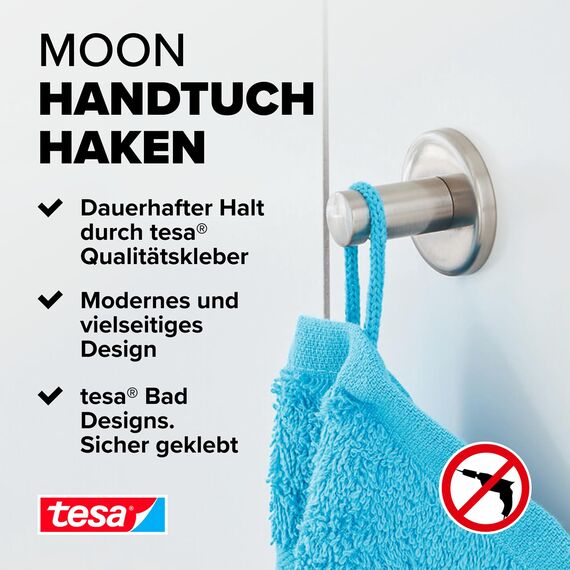tesa MOON Klebehaken, verchromt, runde Form - Bad-Haken zur Wandbefestigung ohne Bohren, inkl. Klebelösung - 36 mm x 36 mm x 36 mm