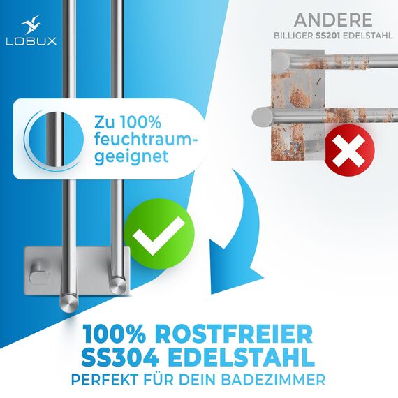 LOBUX® - Handtuchhalter ohne Bohren – 80cm, Edelstahl rostfrei – Handtuchhalter Bad doppelt, selbstklebend – Handtuchstange, Badetuchhalter inkl. 2 Handtuchhaken – für Badezimmer, Duschwand, Küche