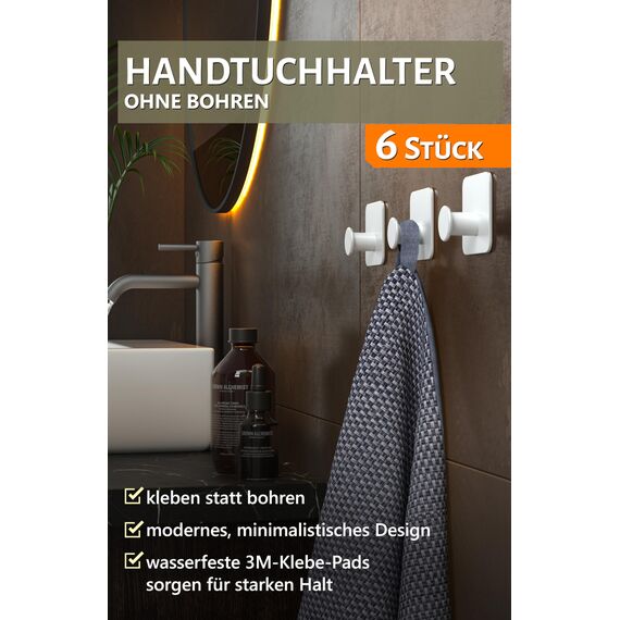 4smile Handtuchhalter ohne Bohren 6er Set - Weiße Design Handtuchhaken Bad, Haken selbstklebend mit 3M-Klebe-Pads - Stilvolle Klebehaken Wandhaken