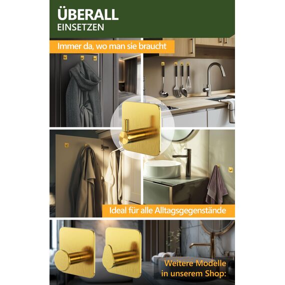 4smile Handtuchhaken ohne Bohren, 6er Set - Edelstahl Handtuchhalter ohne Bohren Goldene, Klebehaken wasserfest rostfrei, belastbare Handtuchhaken - Haken selbstklebend als Badezimmer Handtuchhalter