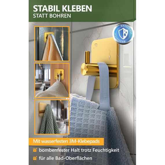 4smile Handtuchhaken ohne Bohren, 6er Set - Edelstahl Handtuchhalter ohne Bohren Goldene, Klebehaken wasserfest rostfrei, belastbare Handtuchhaken - Haken selbstklebend als Badezimmer Handtuchhalter
