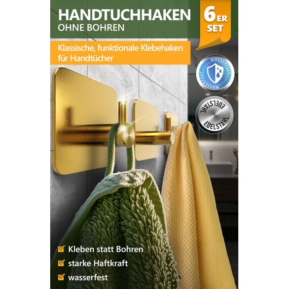 4smile Handtuchhaken ohne Bohren, 6er Set - Edelstahl Handtuchhalter ohne Bohren Goldene, Klebehaken wasserfest rostfrei, belastbare Handtuchhaken - Haken selbstklebend als Badezimmer Handtuchhalter