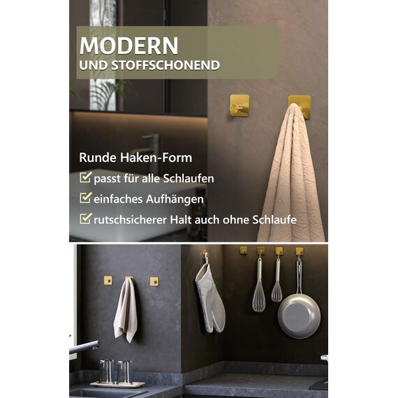 4smile Handtuchhalter ohne Bohren 6er Set - Goldene Design Handtuchhaken Bad, Haken selbstklebend mit 3M-Klebe-Pads - Stilvolle Klebehaken Wandhaken
