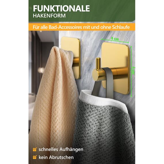 4smile Handtuchhaken ohne Bohren, 6er Set - Edelstahl Handtuchhalter ohne Bohren Goldene, Klebehaken wasserfest rostfrei, belastbare Handtuchhaken - Haken selbstklebend als Badezimmer Handtuchhalter