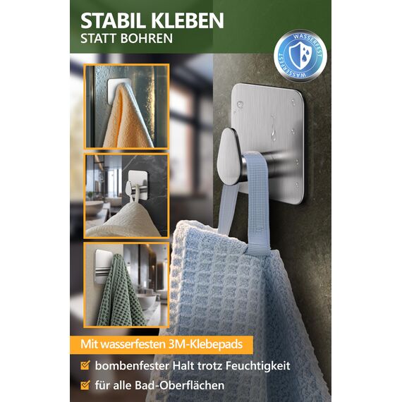 4smile Klebehaken oval - Handtuchhalter ohne Bohren - 6er Set Edelstahl