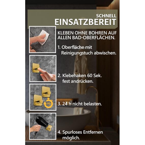 4smile Handtuchhalter ohne Bohren 6er Set - Goldene Design Handtuchhaken Bad, Haken selbstklebend mit 3M-Klebe-Pads - Stilvolle Klebehaken Wandhaken