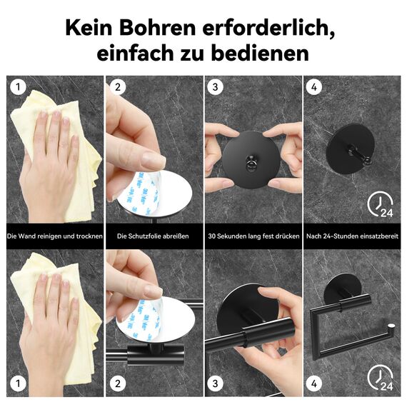 Dailyart Toilettenpapierhalter Ohne Bohren, Edelstahl Klopapierhalter Selbstklebend Toilettenpapierhalter Wandmontage Klopapierhalter Ohne Bohren mit 2 Klebehaken für Bad und Küche, Schwarz