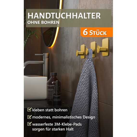 4smile Handtuchhalter ohne Bohren 6er Set - Goldene Design Handtuchhaken Bad, Haken selbstklebend mit 3M-Klebe-Pads - Stilvolle Klebehaken Wandhaken