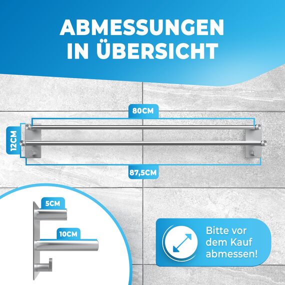 LOBUX® - Handtuchhalter ohne Bohren – 80cm, Edelstahl rostfrei – Handtuchhalter Bad doppelt, selbstklebend – Handtuchstange, Badetuchhalter inkl. 2 Handtuchhaken – für Badezimmer, Duschwand, Küche