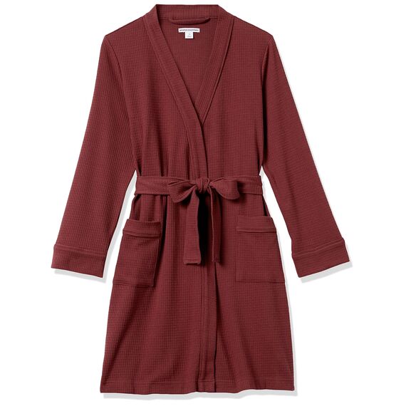 Amazon Essentials Damen Leichter Waffel-Bademantel, Mittellang (Erhältlich In Übergröße), Sattes Burgunderrot, XXL