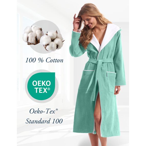Morgenstern Bademantel Damen 100% Baumwolle mit Kapuze Frottee-Velours OEKO-TEX Leonie Schilf Grün L