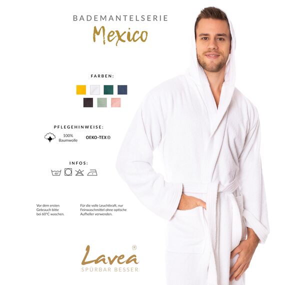 Lavea® Mexico – Bademantel Damen & Herren aus 100% Baumwolle – weicher Frottee Morgenmantel mit Kapuze, Unisex Design, Ideal für Sauna & Zuhause, saugstark & pflegeleicht