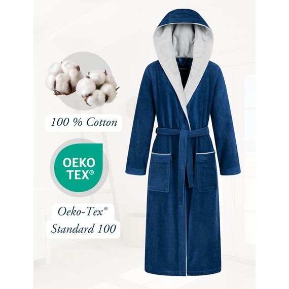 Morgenstern Bademantel Damen mit Kapuze 100% Baumwolle Frottee OEKO-TEX® Morgenmantel Leonie Blau Größe XL