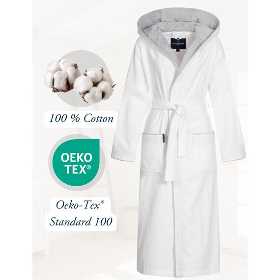 Morgenstern Bademantel Damen mit Kapuze 100% Baumwolle Frottee OEKO-TEX® Morgenmantel Leonie Weiß Größe XL