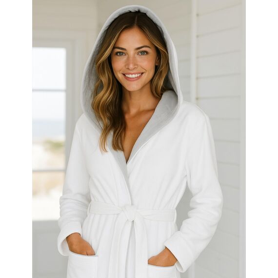 Morgenstern Bademantel Damen mit Kapuze 100% Baumwolle Frottee OEKO-TEX® Morgenmantel Leonie Weiß Größe M