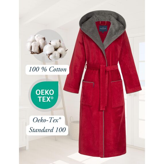 Morgenstern Bademantel Damen mit Kapuze 100% Baumwolle Frottee OEKO-TEX® Morgenmantel Leonie Rot Größe S