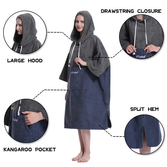 Hiturbo Surf Handtuch Poncho Umziehhilfe - Herren und Damen Changing Robe badeponcho Umkleidehilfe Surfen Strand Grau/Marineblau
