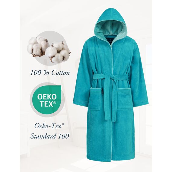 Morgenstern Bademantel Damen mit Kapuze 100% Baumwolle Frottee OEKO-TEX® Morgenmantel Leonie Petrol Größe S