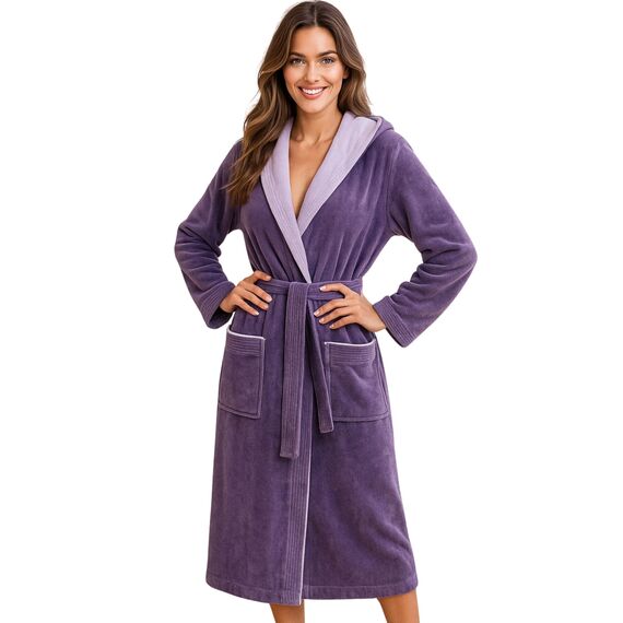 Morgenstern Bademantel Damen mit Kapuze 100% Baumwolle Frottee OEKO-TEX® Morgenmantel Leonie Lila Größe L