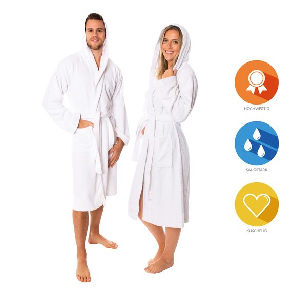 Lavea® Mexico – Bademantel Damen & Herren aus 100% Baumwolle – weicher Frottee Morgenmantel mit Kapuze, Unisex Design, Ideal für Sauna & Zuhause, saugstark & pflegeleicht