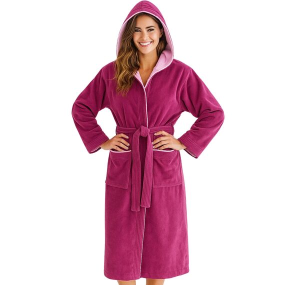 Morgenstern Bademantel Damen mit Kapuze 100% Baumwolle Frottee OEKO-TEX® Morgenmantel Leonie Fuchsia Größe XS