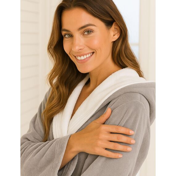 Morgenstern Bademantel Damen mit Kapuze 100% Baumwolle Frottee OEKO-TEX® Morgenmantel Leonie Taupe Größe XL