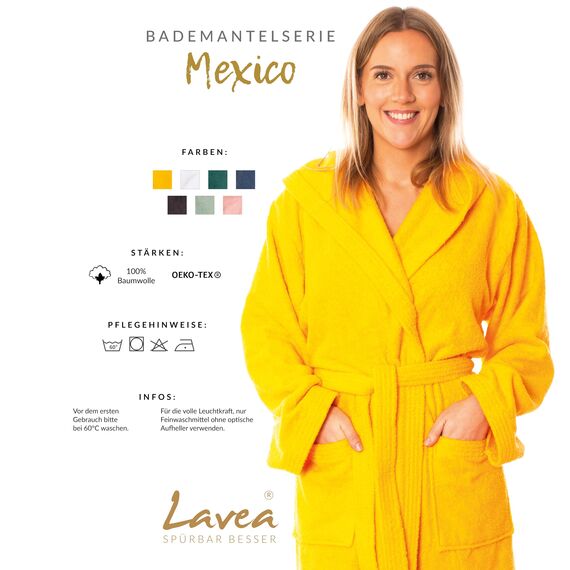 Lavea® Mexico – Bademantel Damen & Herren aus 100% Baumwolle – weicher Frottee Morgenmantel mit Kapuze, Unisex Design, Ideal für Sauna & Zuhause, saugstark & pflegeleicht