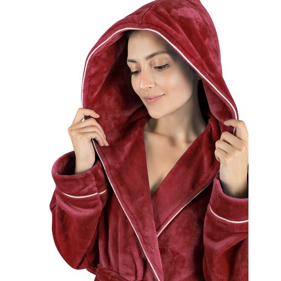 Gräfenstayn Bademantel Damen flauschig mit Kapuze - Kuschelfleece - Öko-Tex Standard 100 - Morgenmantel leicht & kurz - Größe (XL, Bordeaux)