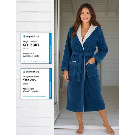 Morgenstern Bademantel Damen mit Kapuze 100% Baumwolle Frottee OEKO-TEX® Morgenmantel Leonie Blau Größe M