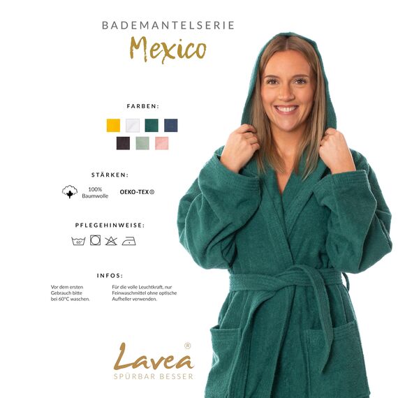 Lavea® Mexico – Bademantel Damen & Herren aus 100% Baumwolle – weicher Frottee Morgenmantel mit Kapuze, Unisex Design, Ideal für Sauna & Zuhause, saugstark & pflegeleicht