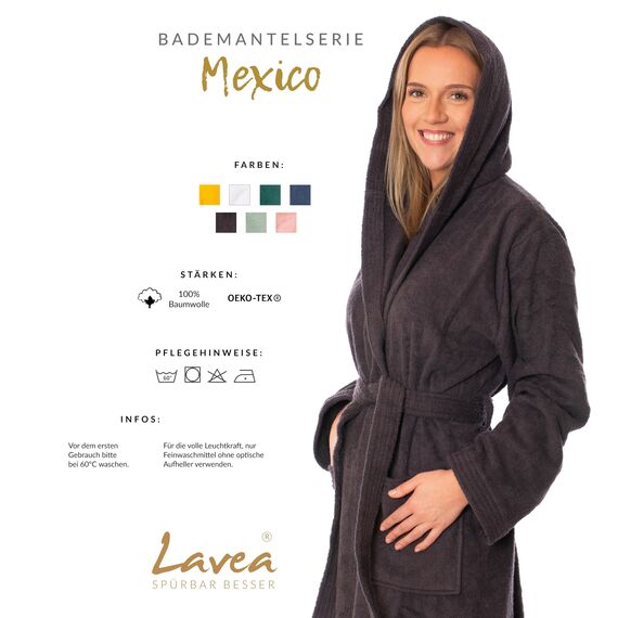 Lavea® Mexico – Bademantel Damen & Herren aus 100% Baumwolle – weicher Frottee Morgenmantel mit Kapuze, Unisex Design, Ideal für Sauna & Zuhause, saugstark & pflegeleicht