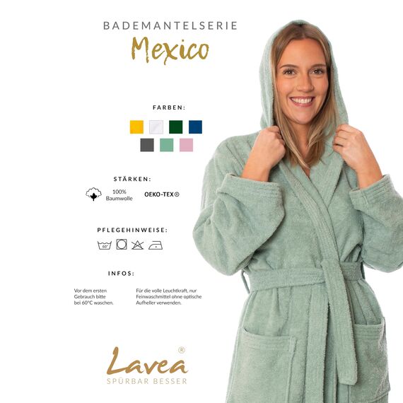 Lavea® Mexico – Bademantel Damen & Herren aus 100% Baumwolle – weicher Frottee Morgenmantel mit Kapuze, Unisex Design, Ideal für Sauna & Zuhause, saugstark & pflegeleicht